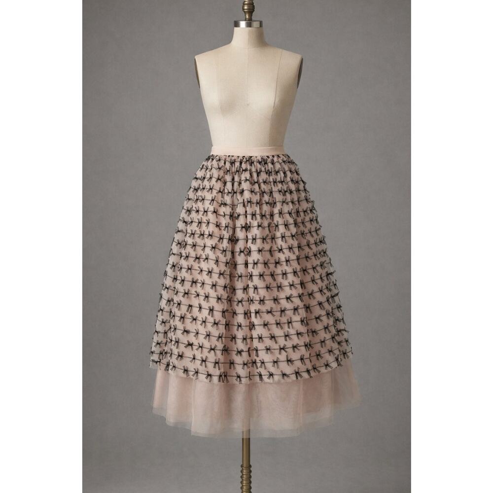 Maeve Anthropologie Bow Tulle Midi Skirt Blush Pink Black Elastic Waist NWT XS